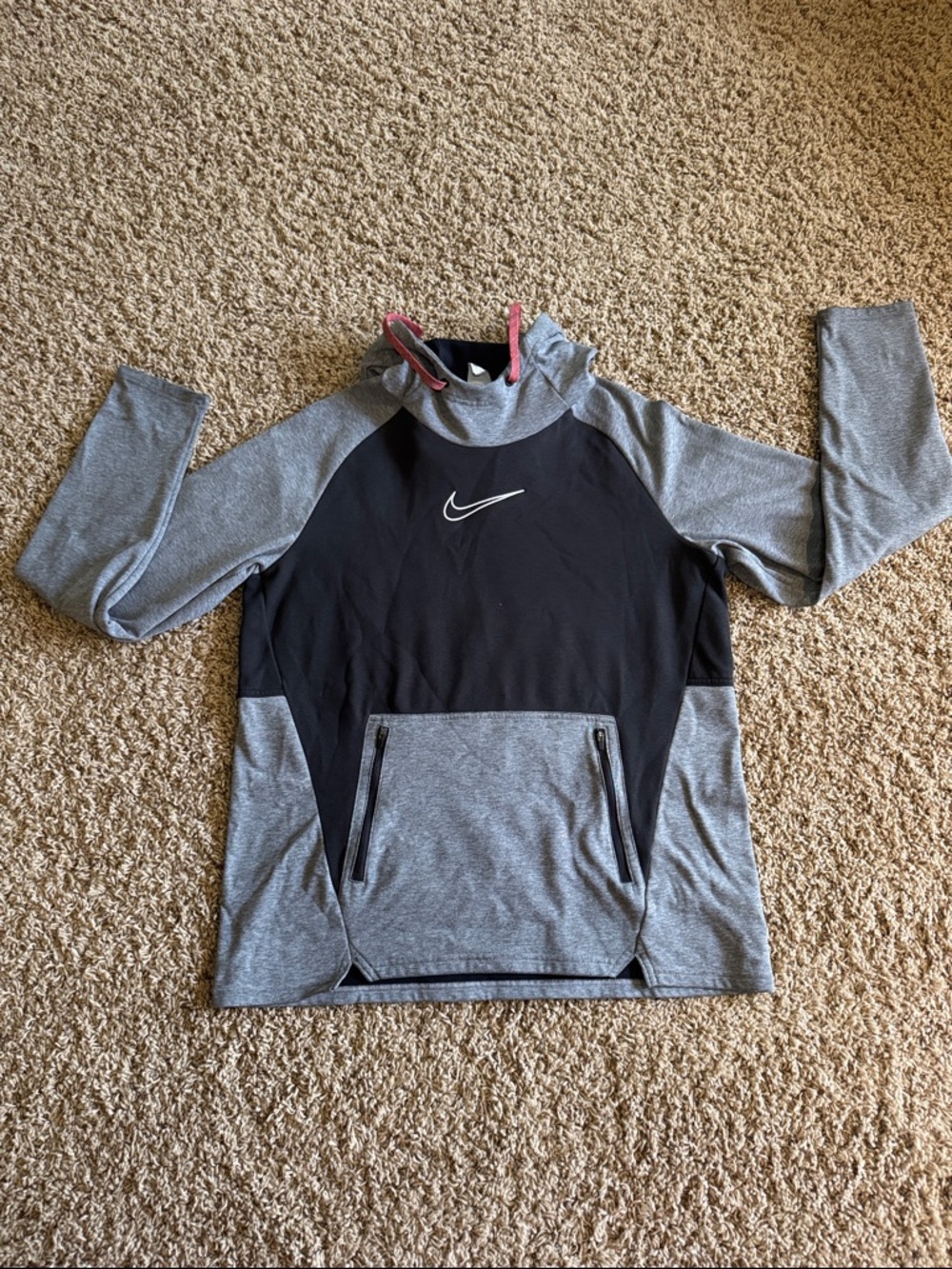 Nike Black and Grey Pullover Hoodie with Pink Hood Trim